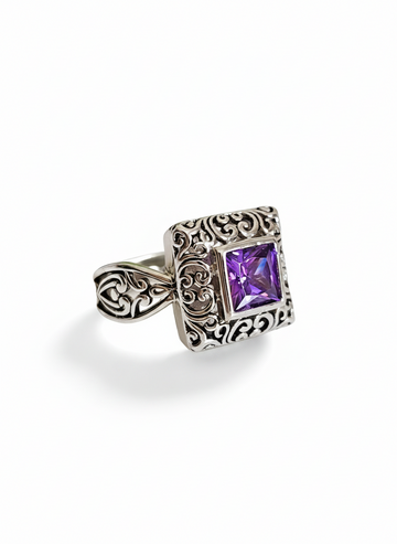Sterling Silver Bali Square Princess Cut Amethyst Ring