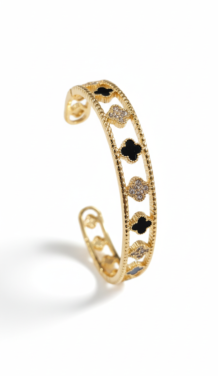 Gold Black & Mother of Pearl Flower Bangle Bracelet - view 4