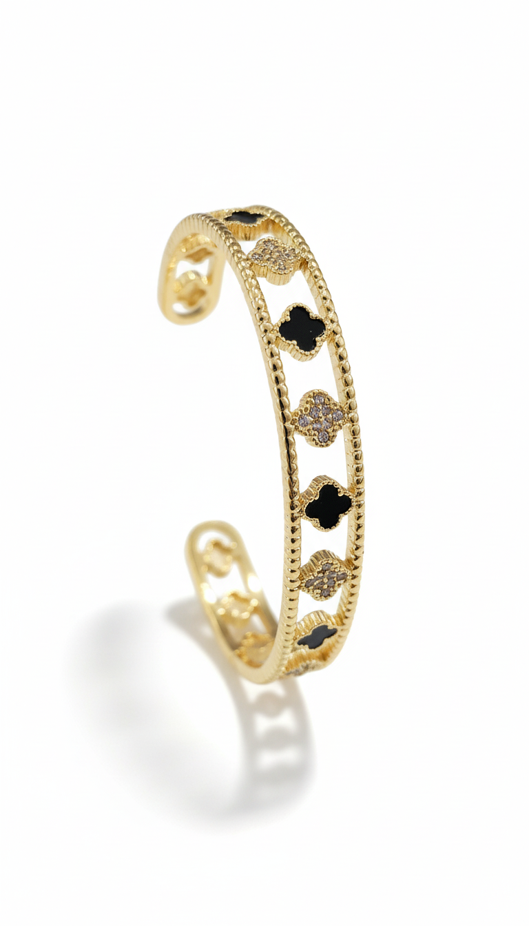 Gold Black & Mother of Pearl Flower Bangle Bracelet - view 6