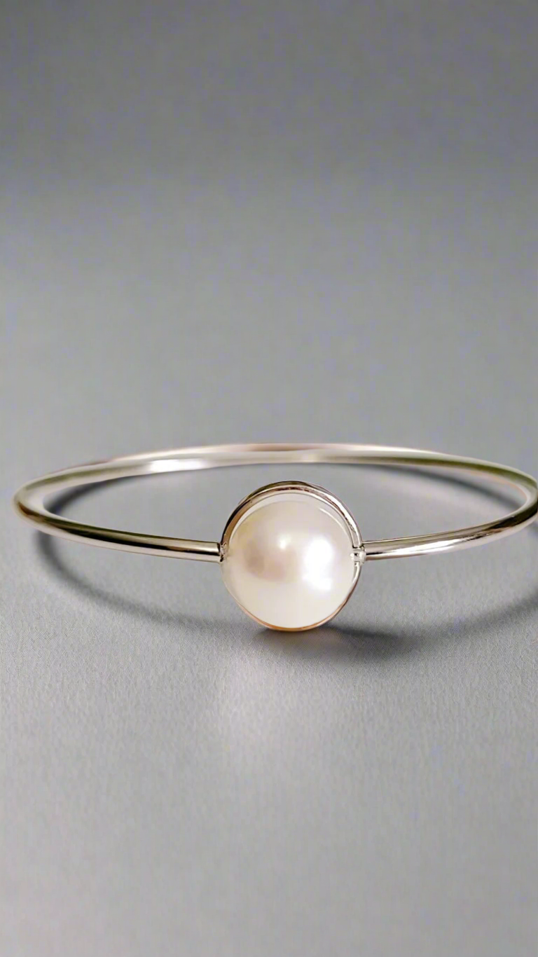 Sterling Silver 925 Halo Fresh Water Pearl Bangle Bracelet - view 8