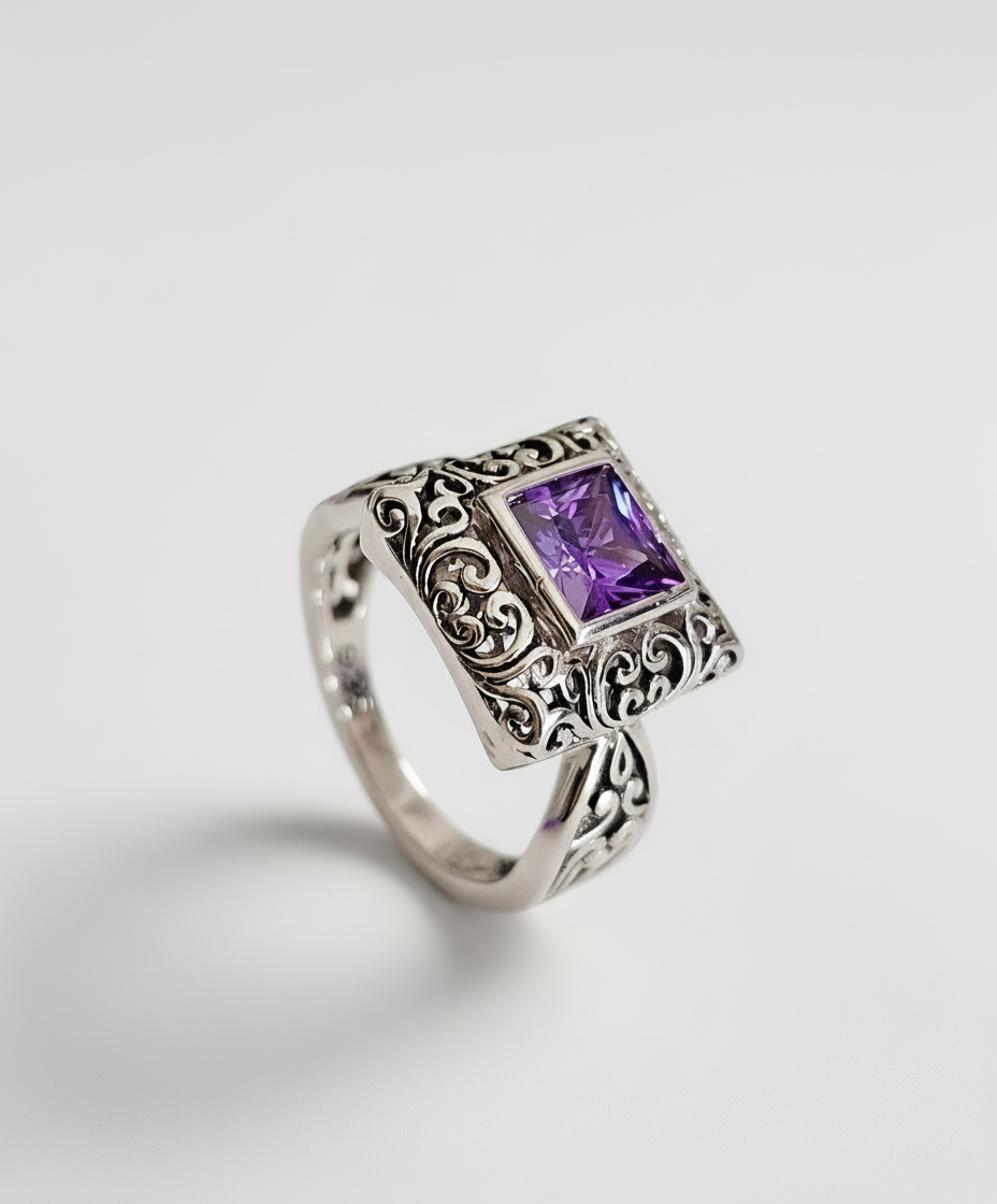 Sterling Silver Bali Square Princess Cut Amethyst Ring - view 3