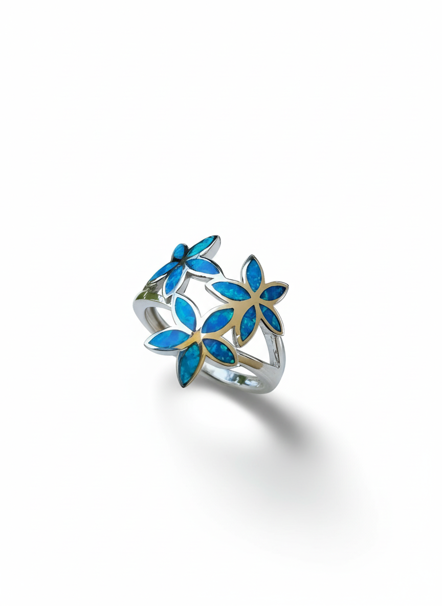 Sterling Silver Hawaiian Plumeria Blue Opal Ring - view 4