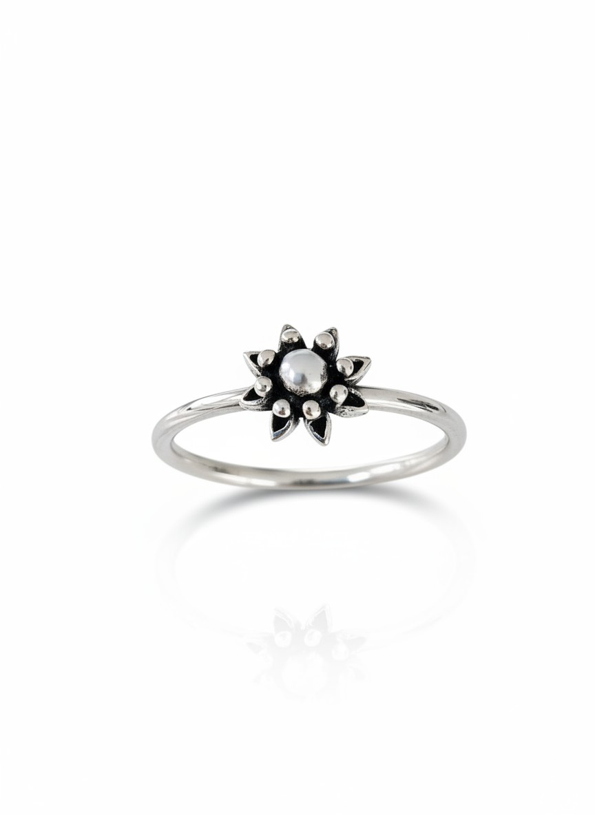 Sterling Silver Beaded Dainty Flower Bali Ring