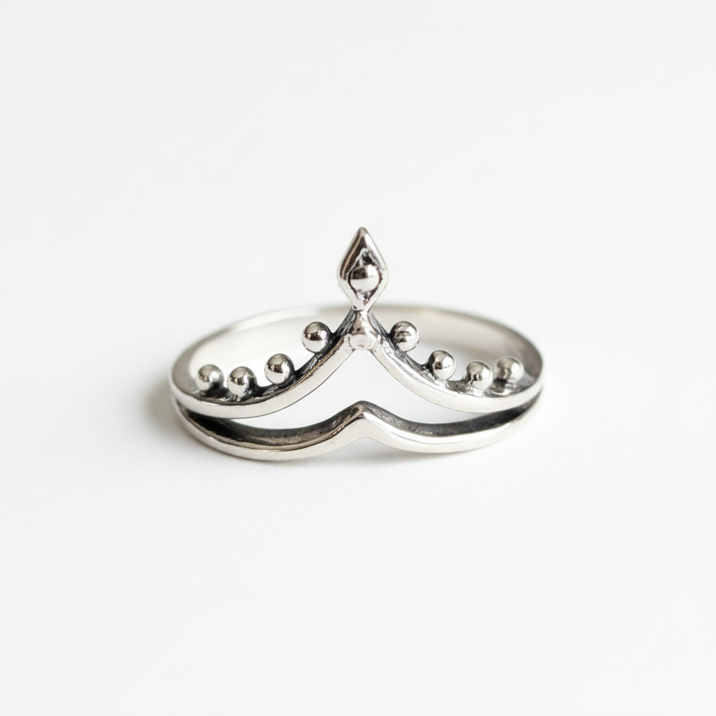Sterling Silver Dainty Beaded Crown Ring