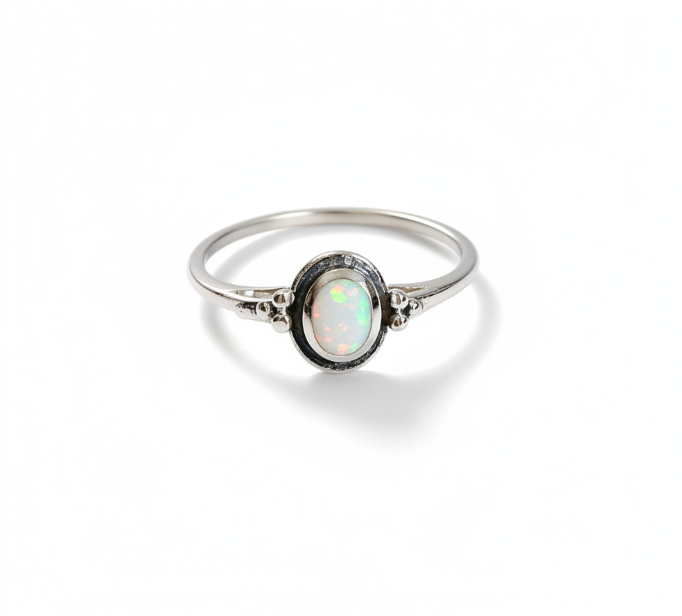 Sterling Silver Rainbow White Opal Ring