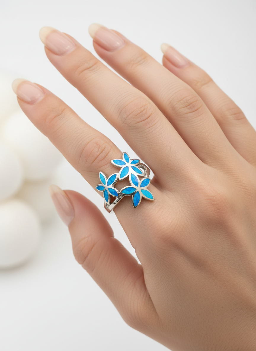 Sterling Silver Hawaiian Plumeria Blue Opal Ring - view 2