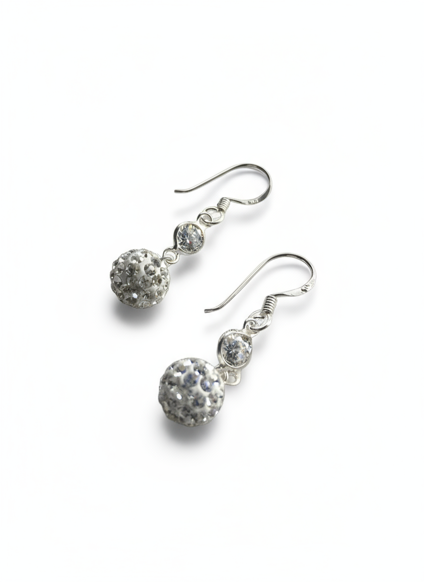 Sterling Silver White Crystal Disco Ball Earrings - view 3