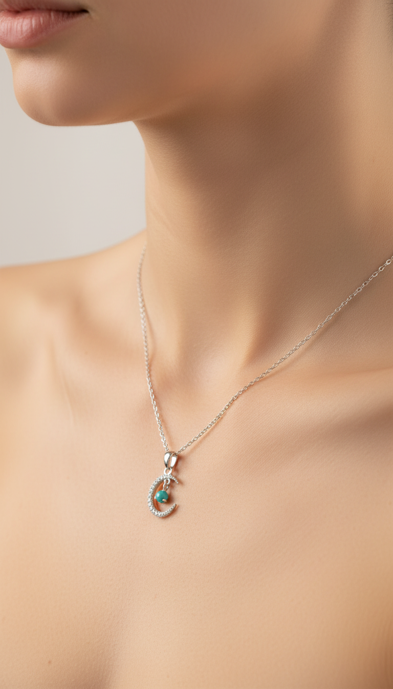 Sterling Silver Genuine Turquoise Moon Pendant Necklace - view 2