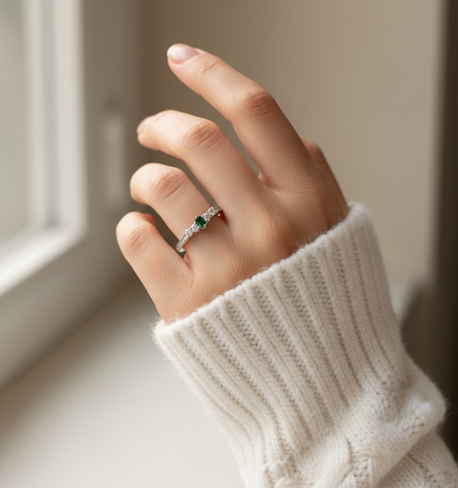 Sterling Silver Emerald Dainty Ring - view 2