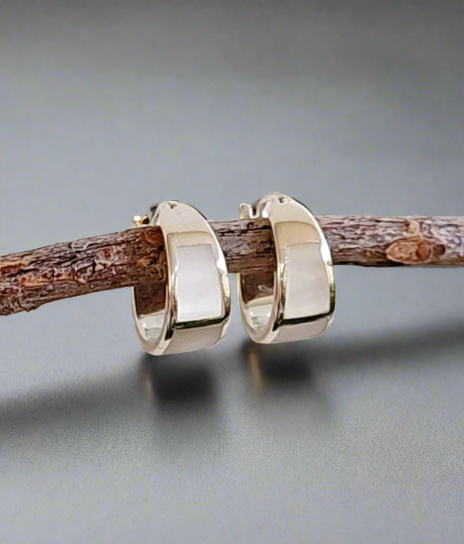 Sterling Silver 925 Natural Mother of Pearl Hoop Earrings - view 8