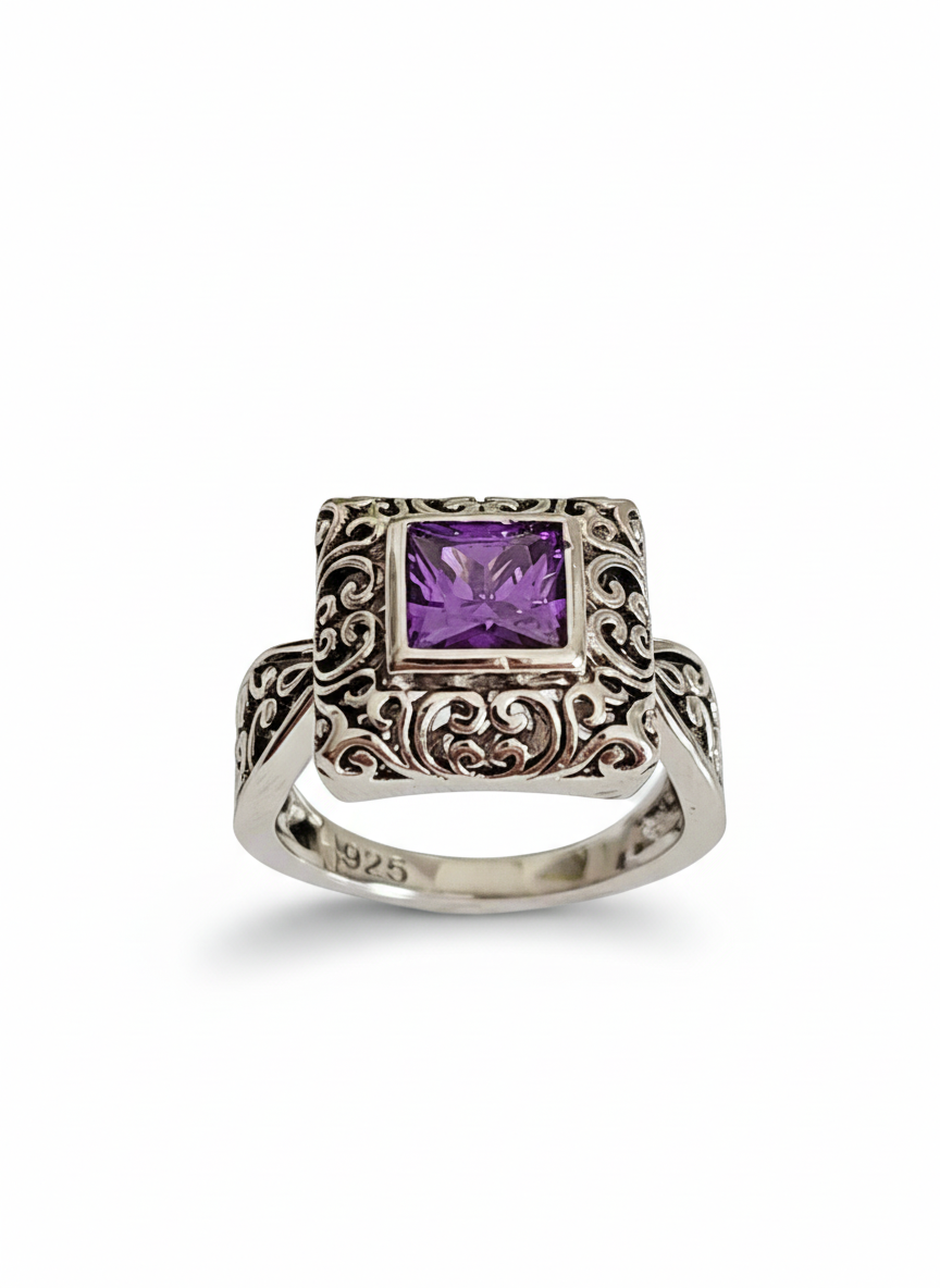 Sterling Silver Bali Square Princess Cut Amethyst Ring - view 4