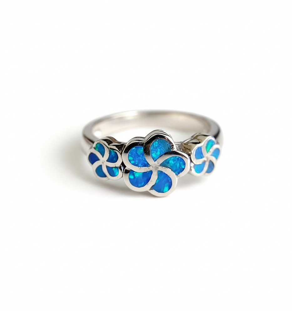Sterling Silver Plumeria Hawaiian Blue Opal Ring