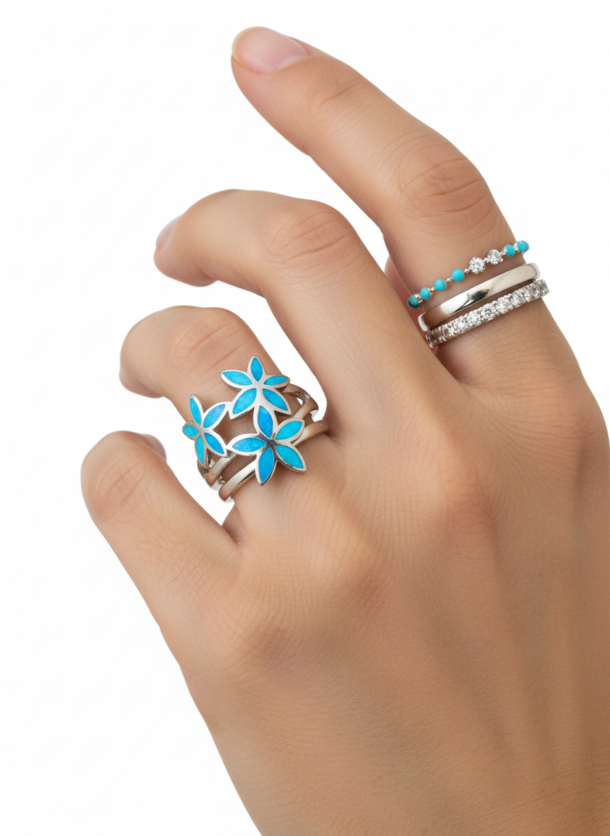 Sterling Silver Hawaiian Plumeria Blue Opal Ring - view 5