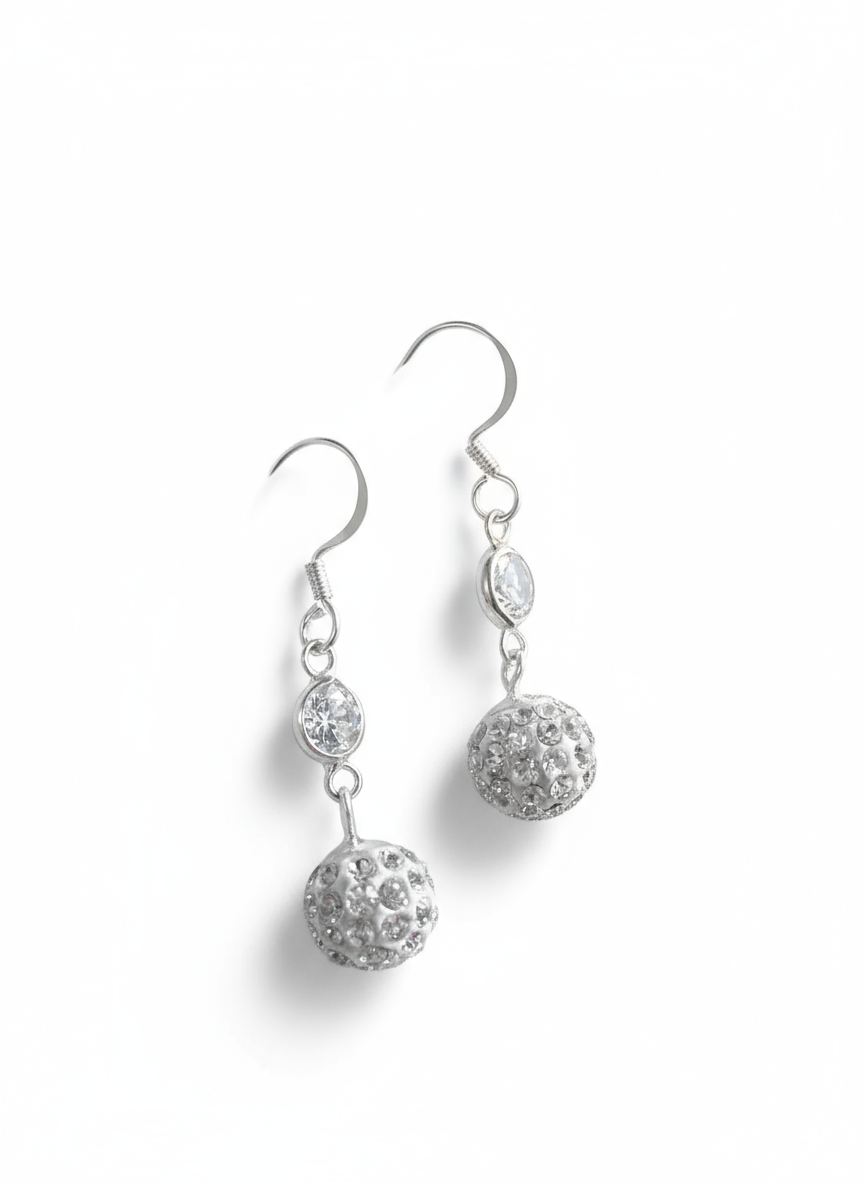 Sterling Silver White Crystal Disco Ball Earrings