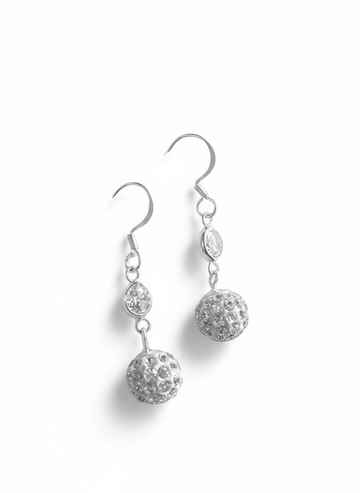 Sterling Silver White Crystal Disco Ball Earrings