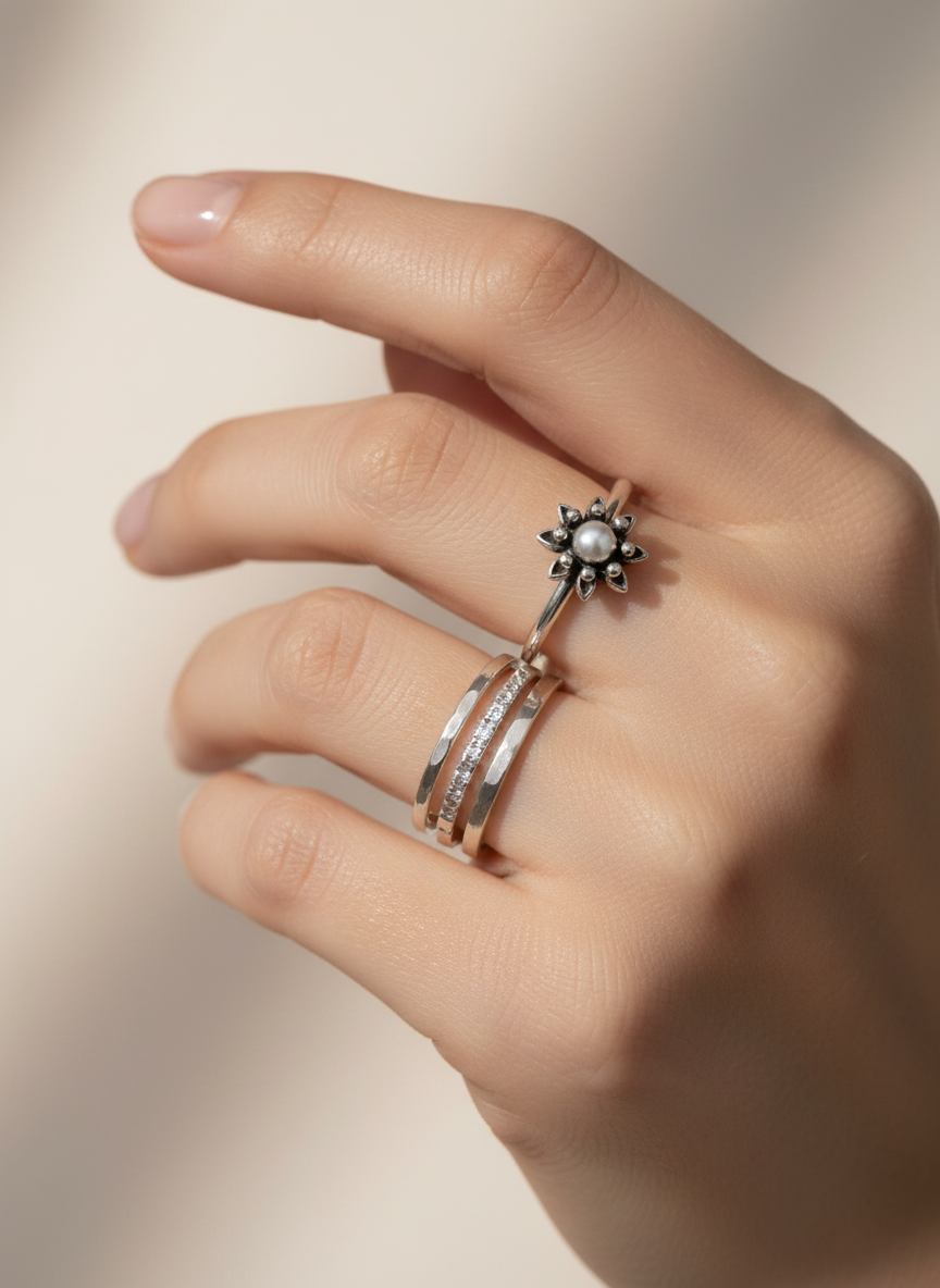 Sterling Silver Beaded Dainty Flower Bali Ring - view 2