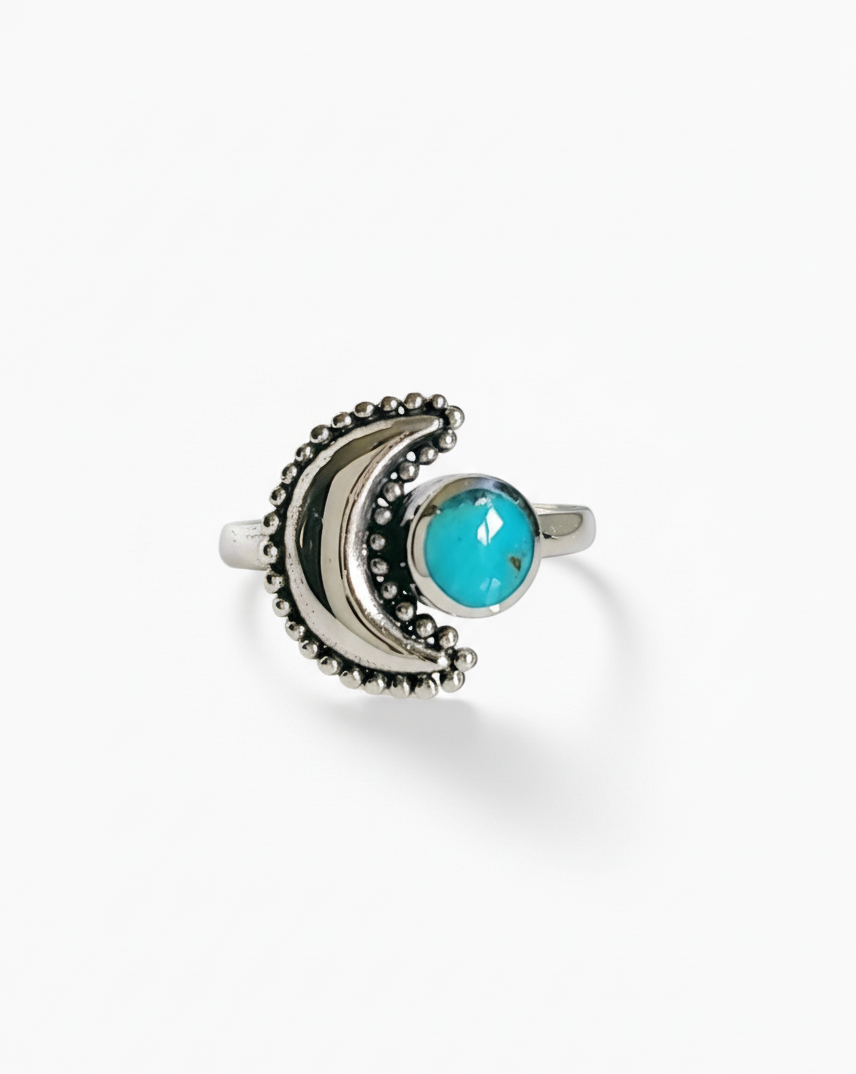 Sterling Silver Genuine Turquoise Crescent Moon Bali Ring