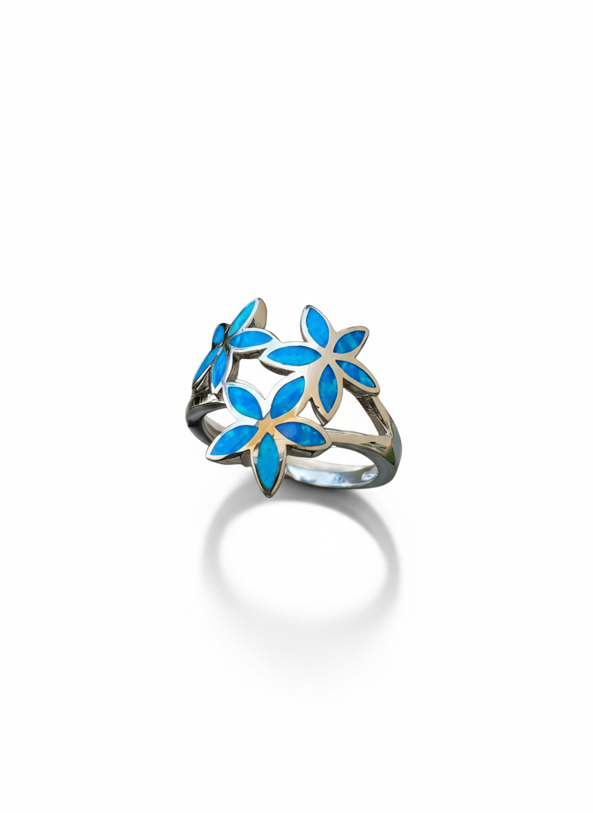 Sterling Silver Hawaiian Plumeria Blue Opal Ring - view 3