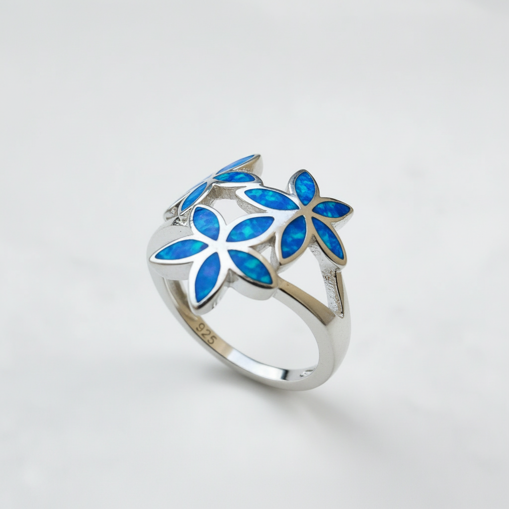 Sterling Silver Hawaiian Plumeria Blue Opal Ring