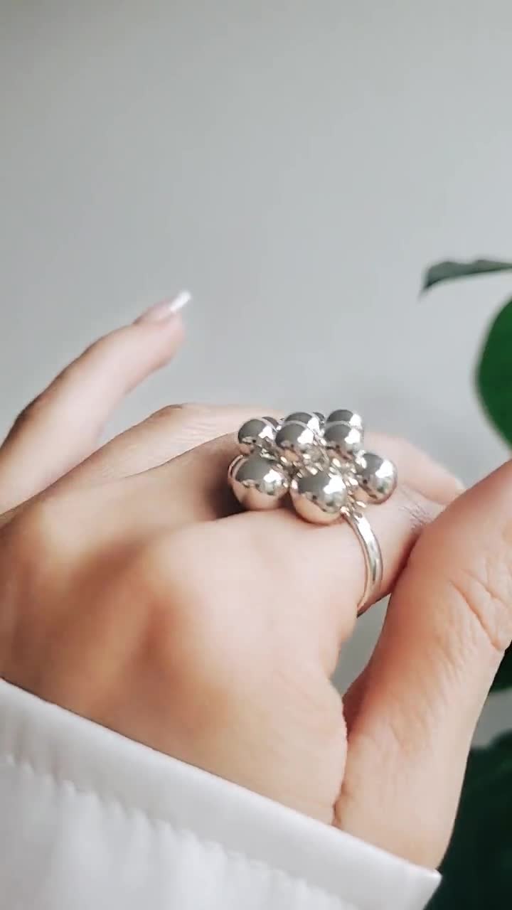 Sterling Silver 925 Dangling Spheres Statement Bold Ring - view 5