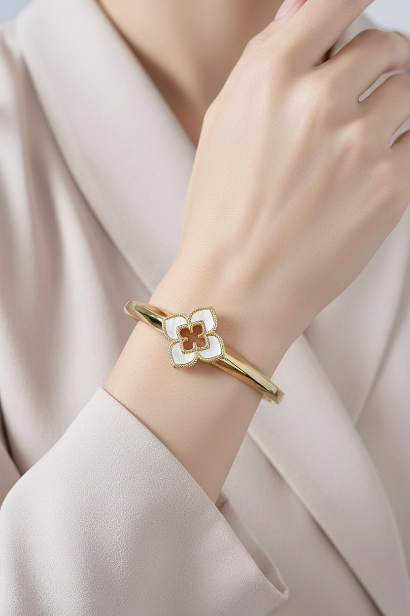 Gold Mother of Pearl Flower Clover Bangle - view 2