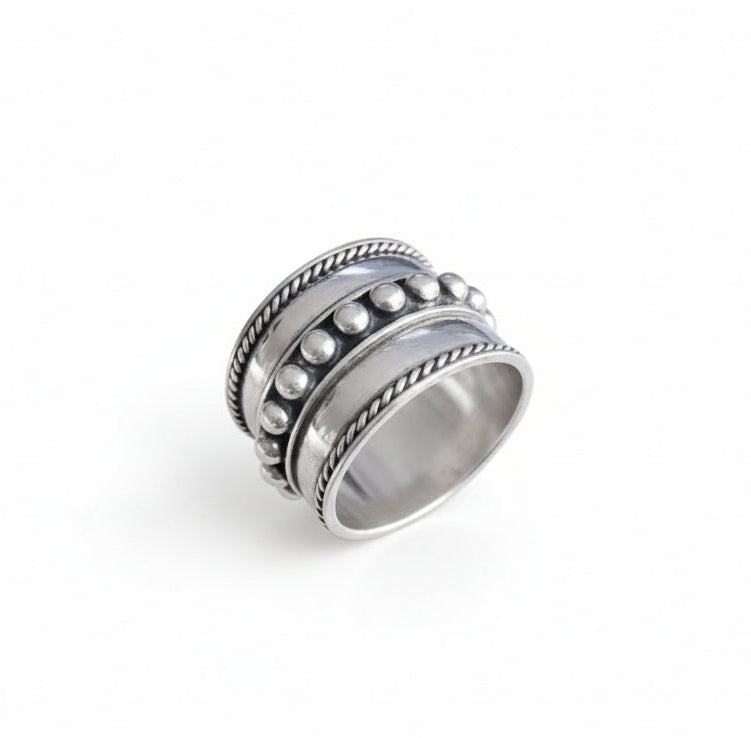 Sterling Silver Concave Beaded Bali Ring