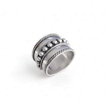 Sterling Silver Concave Beaded Bali Ring
