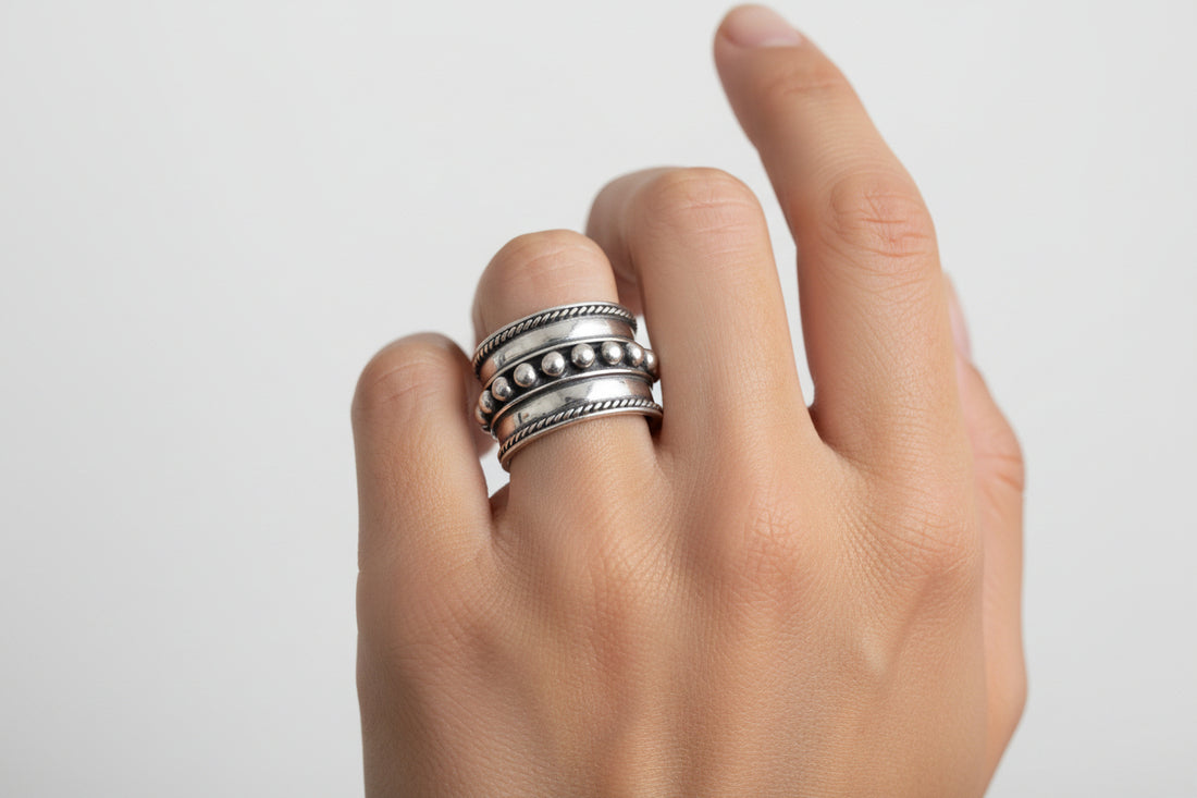 Sterling Silver Concave Beaded Bali Ring