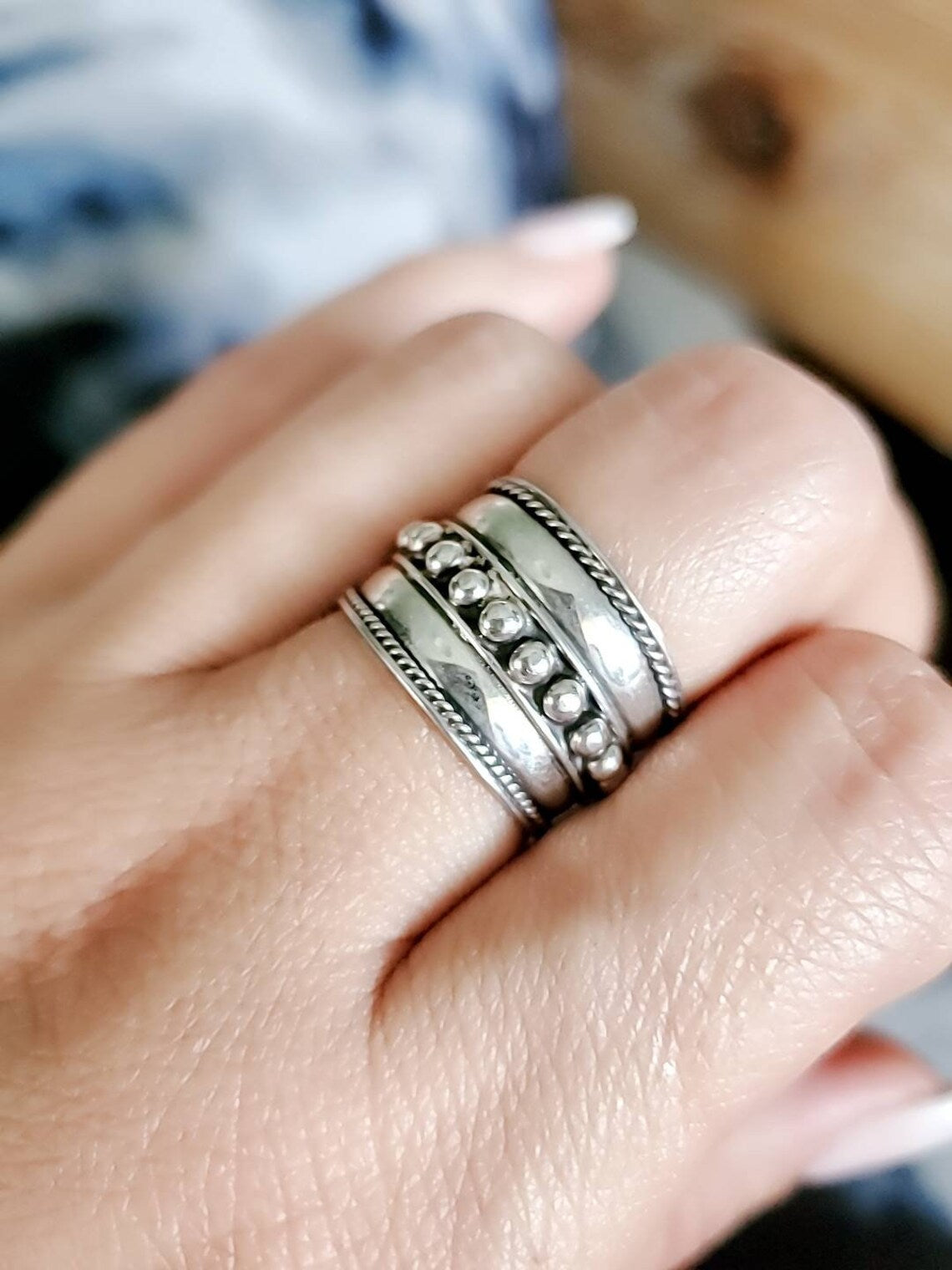 Sterling Silver Concave Beaded Bali Ring - view 3