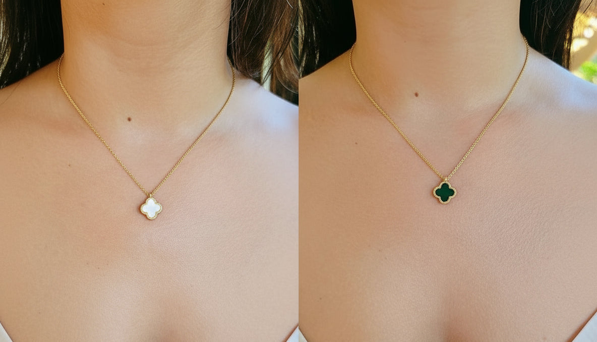 Gold Mother of Pearl, Black Clover Necklace - view 2