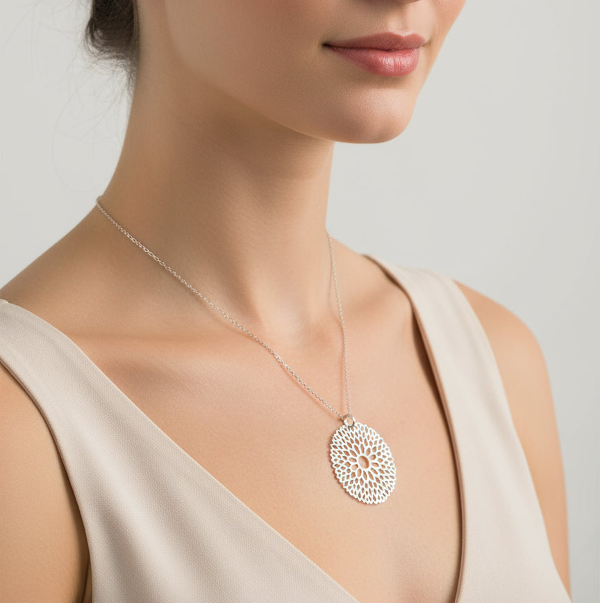 Sterling Silver 925 Large Flower Mandala Pendant Necklace - view 4