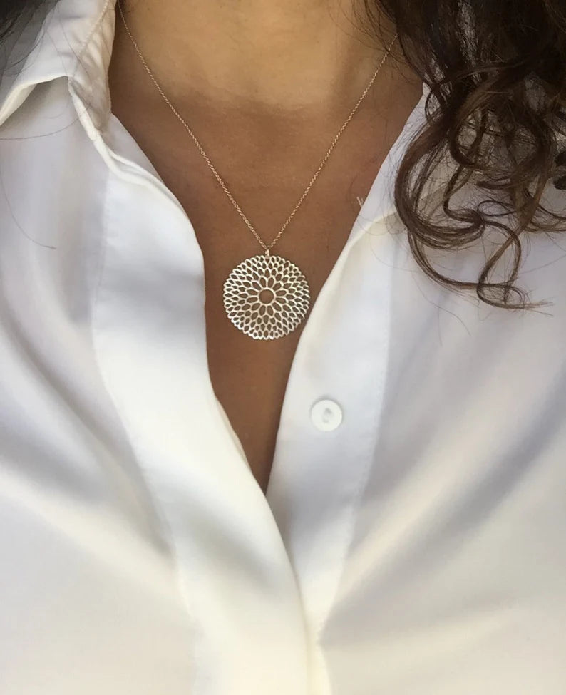 Sterling Silver 925 Large Flower Mandala Pendant Necklace - view 2