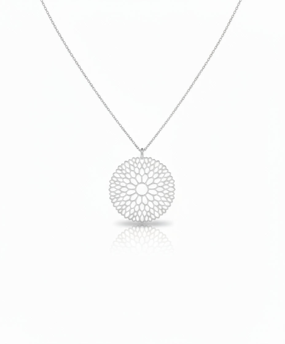 Sterling Silver 925 Large Flower Mandala Pendant Necklace