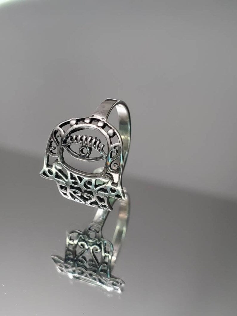 Sterling Silver Hand of Fatima Protection Amulet Ring
