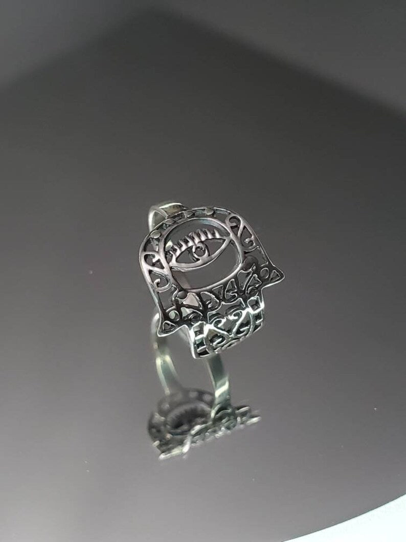 Sterling Silver Hand of Fatima Protection Amulet Ring - view 10