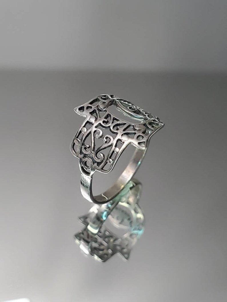 Sterling Silver Hand of Fatima Protection Amulet Ring - view 5