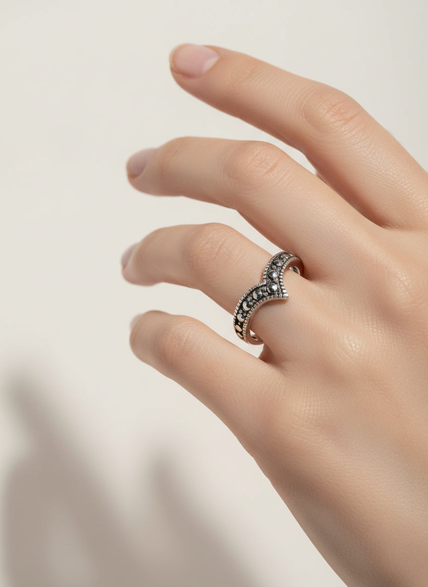 Sterling Silver Bali V Beaded Chevron Ring - view 2