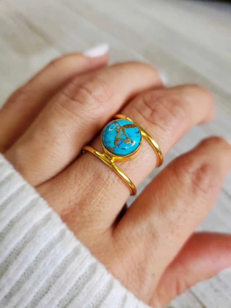 Gold Natural Cooper Turquoise Stone Ring - view 4
