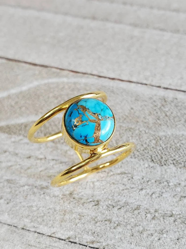Gold Natural Cooper Turquoise Stone Ring - view 7