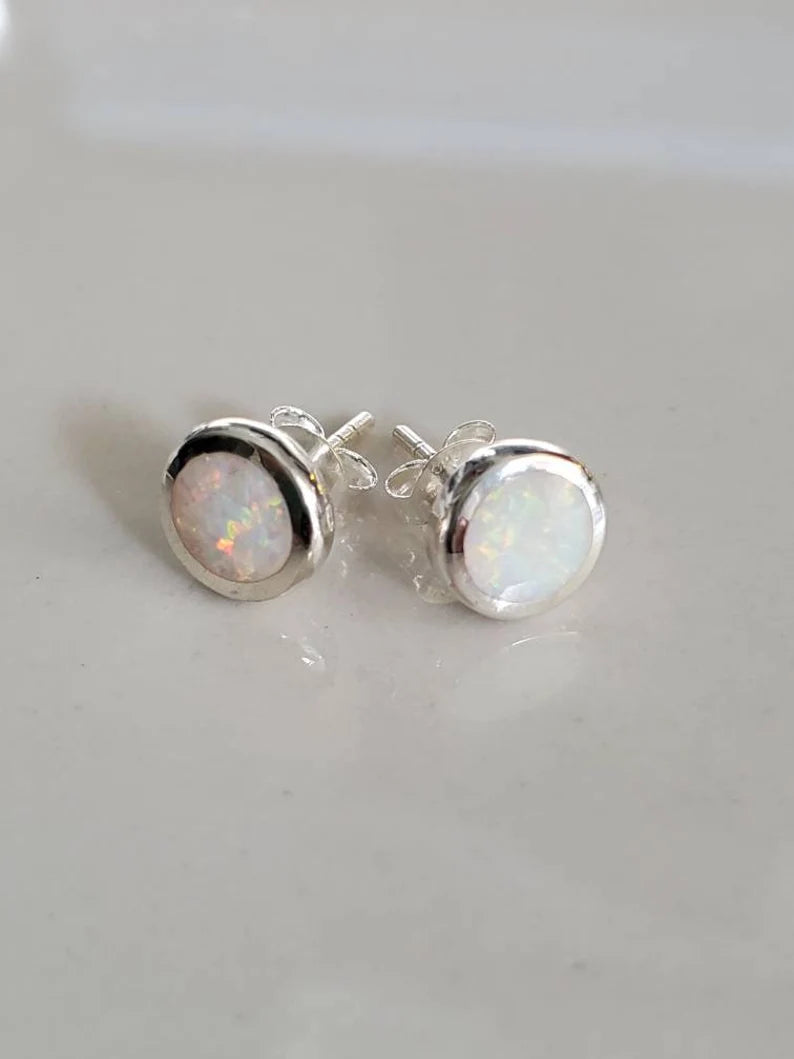 Sterling Silver White Rainbow Opal Sterling Silver Studs Size 4mm to 10mm - view 7