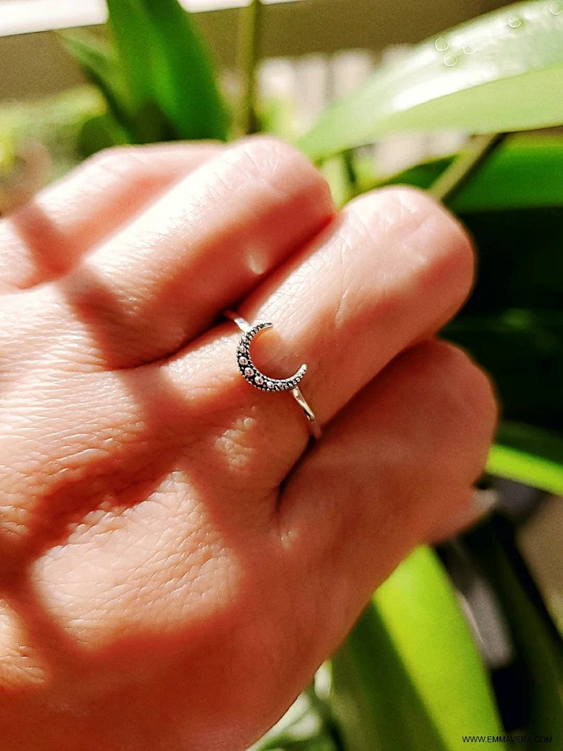 Sterling Silver Crescent Beaded Moon Ring