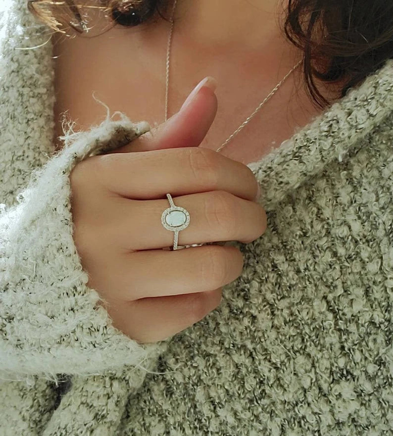 Sterling Silver Halo White Opal Promise Ring - view 2
