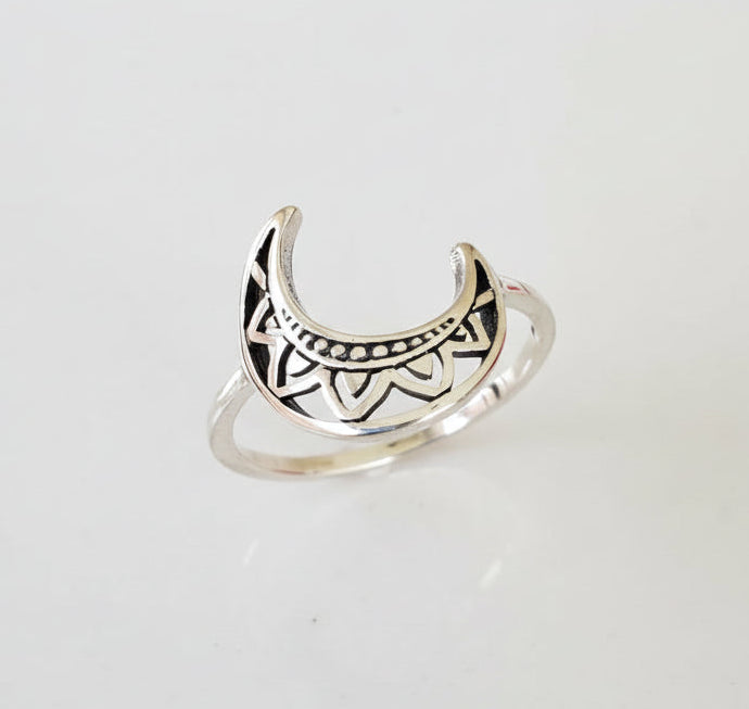 Sterling Silver Crescent Moon Mandala Ring - view 7