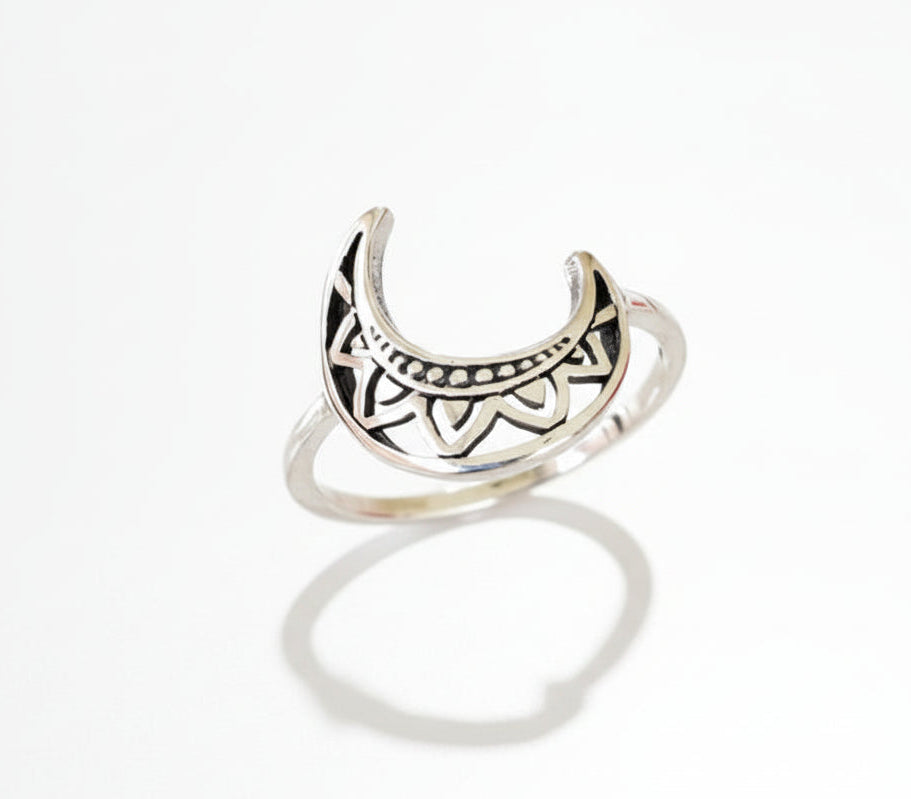 Sterling Silver Crescent Moon Mandala Ring