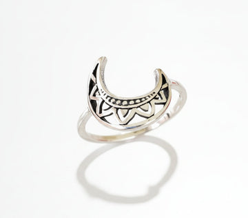 Sterling Silver Crescent Moon Mandala Ring