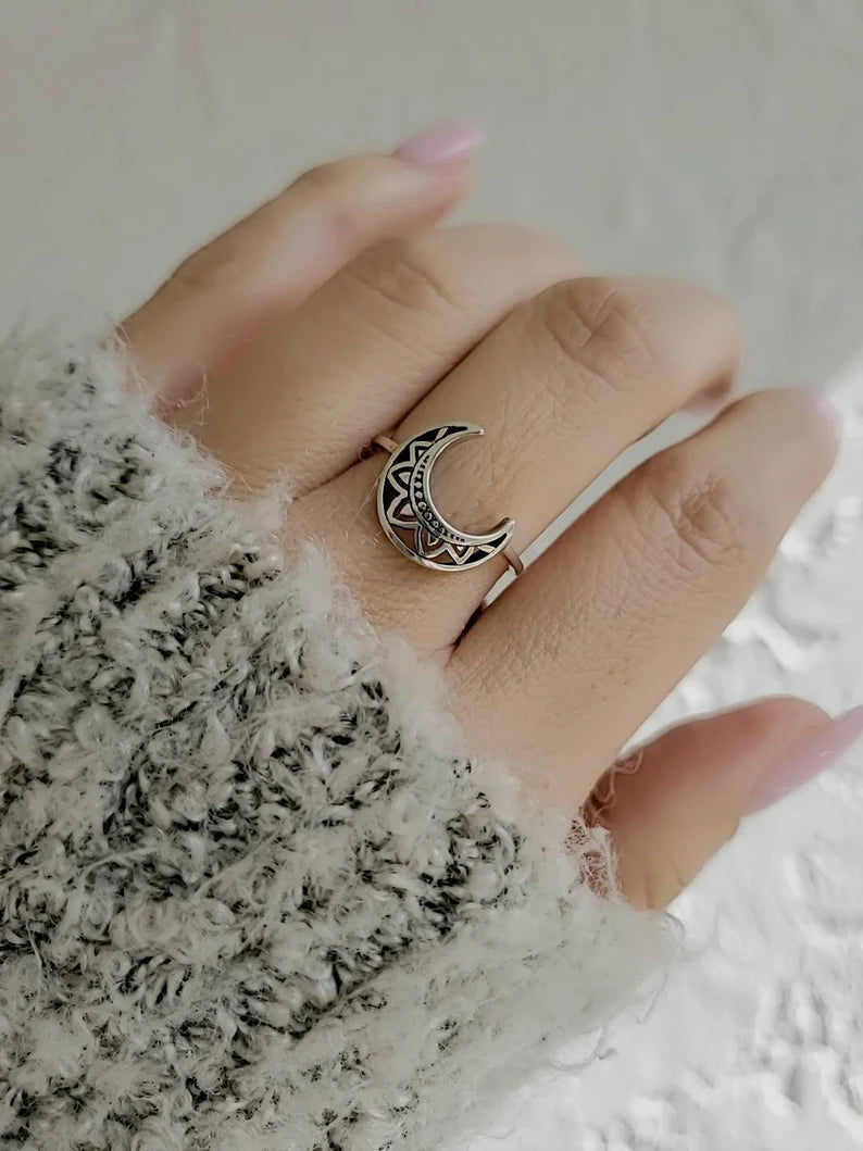 Sterling Silver Crescent Moon Mandala Ring - view 6