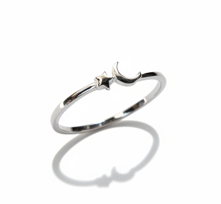 Sterling Dainty Crescent Moon & Star Silver Ring