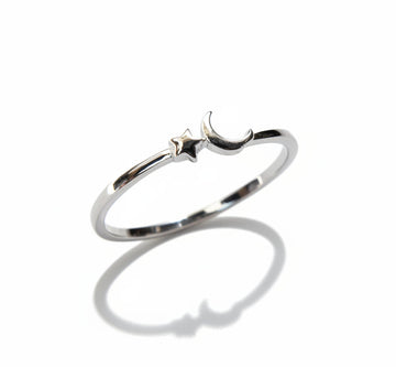 Sterling Dainty Crescent Moon & Star Silver Ring
