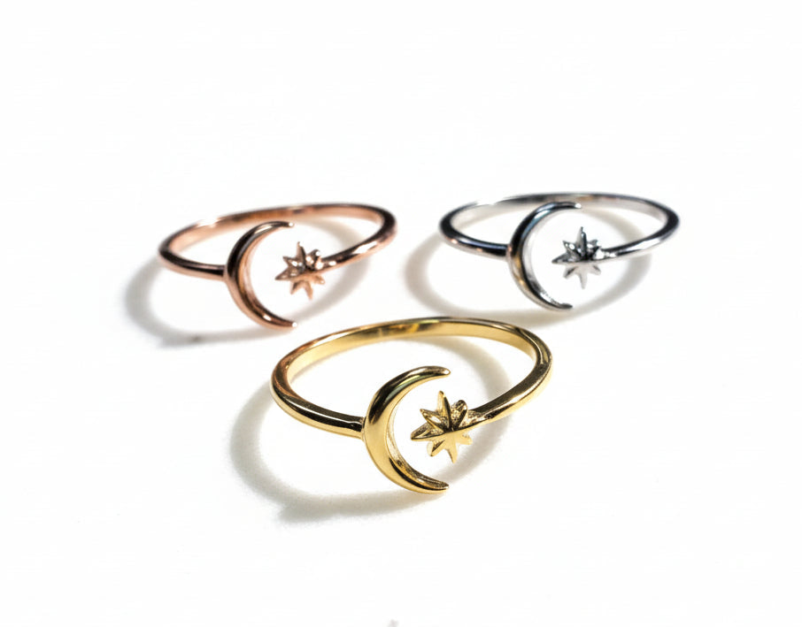 Sterling Silver Thin Crescent Moon Star Ring - view 8
