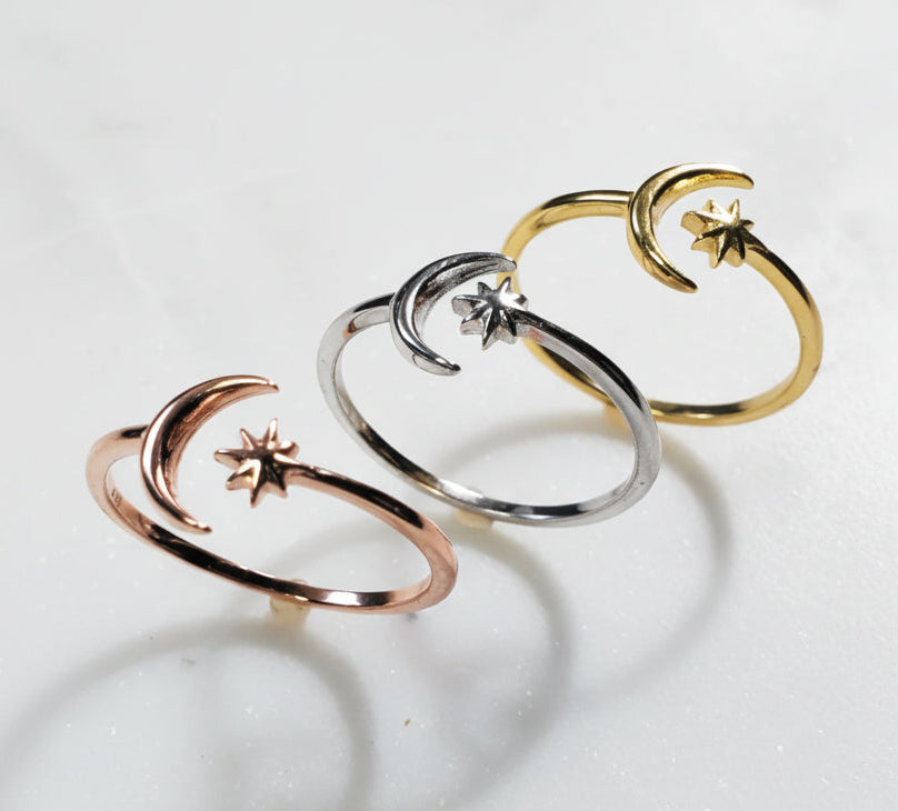 Sterling Silver Thin Crescent Moon Star Ring - view 6